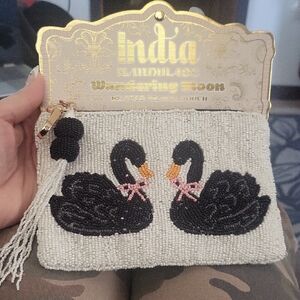 Wandering Moon Swan Beaded Wristlet - Black and Cream